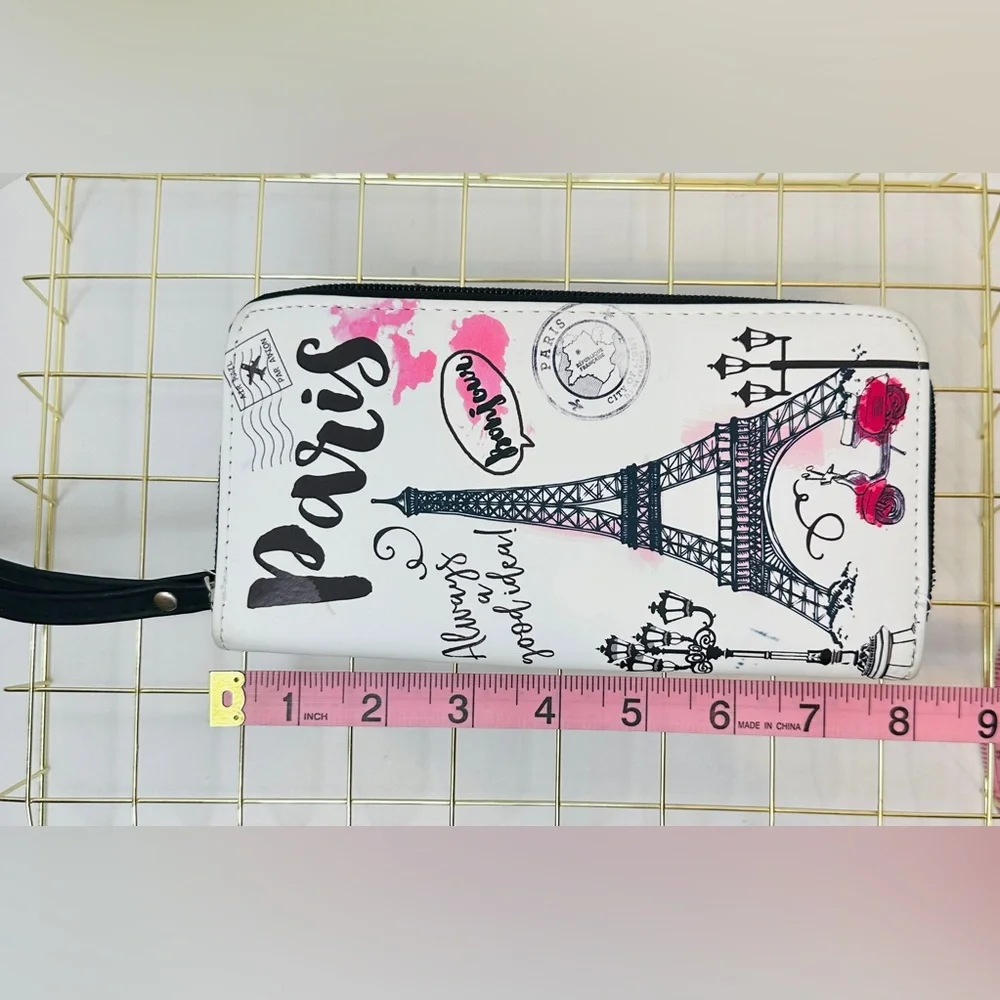 Claire’s Paris Zippered Accordion Wallet Wristlet Watercolor Style Pink & Black